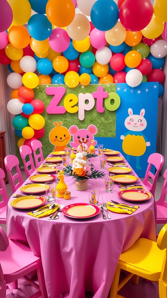 A lively Zepeto-themed dinner party with colorful decorations, vibrant table setting, and Zepeto character cutouts.
